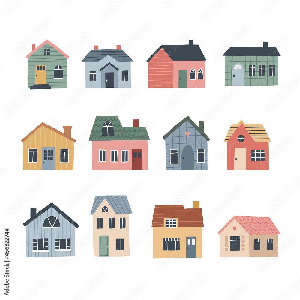 Set of cute houses. HAnd drawn vector illustration for map, poster or pattern.