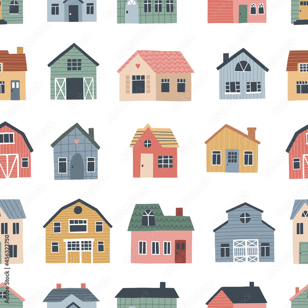 Seamless pattern with cute village  houses. Hand drawn vector illustration for nursery textile or wallpaper design.