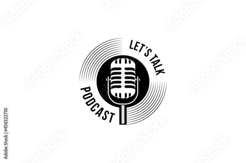 Podcast or singer vocal karaoke logo with retro microphone and vinyl icon