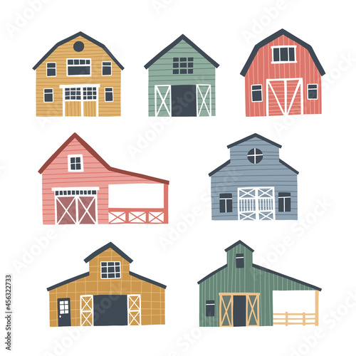 Set of cute barns. HAnd drawn vector illustration for map or farm