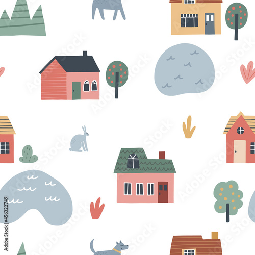 Seamless pattern with cute village houses. HAnd drawn vector illustration for kids design