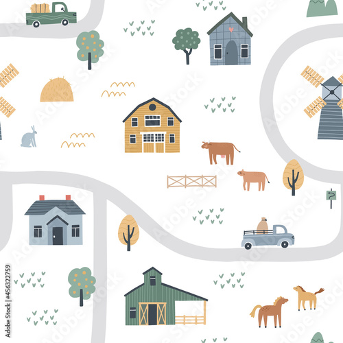 Seamless pattern with houses, roads and cars. Hand drawn vector illustration of a village or farm