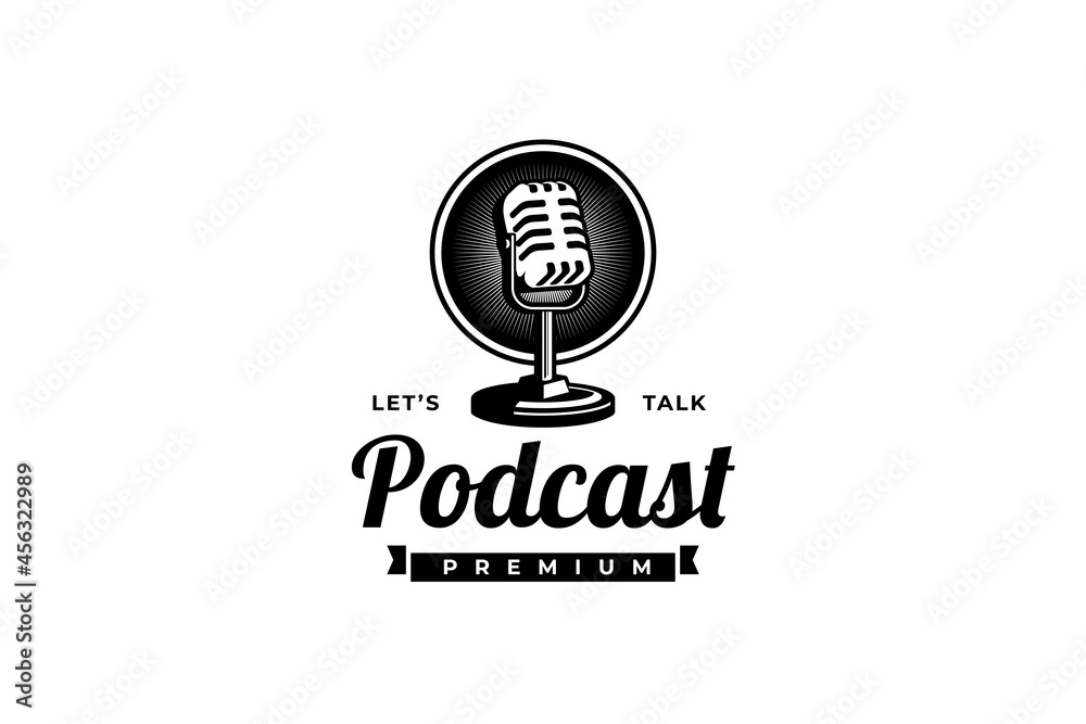 Podcast or singer vocal karaoke logo with retro microphone and vinyl icon