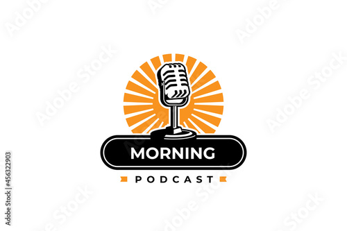 Podcast logo template. Mic microphone and sunrise illustration. Design element for karaoke, podcast, singer logo.