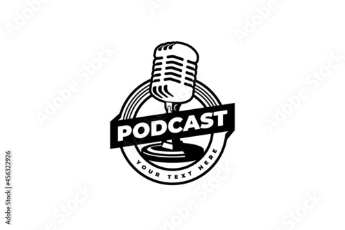 Podcast or singer vocal karaoke logo with retro microphone and vinyl icon