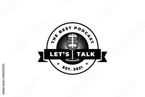 Podcast station singer karaoke with retro microphone. Design element for logo, label, emblem, sign