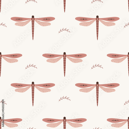 Seamless pattern with boho dragonfly. Insect with celestial elements. Witch and magic symbol for textile, fabric, prints. Abstract hand drawn vector illustration in bohemian style.