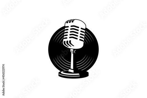 Retro microphone vector isolated on vinyl record. Design element for podcast or karaoke logo, label, emblem, sign.