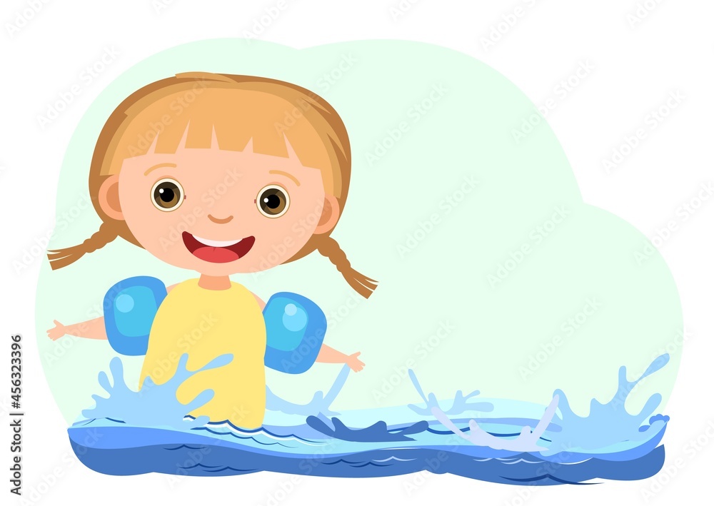 Girl is having fun. Waves of water in river, sea or ocean. Flow. Swimming, diving and water sports. Pool. Isolated on white background. Illustration in cartoon style. Flat design. Vector art