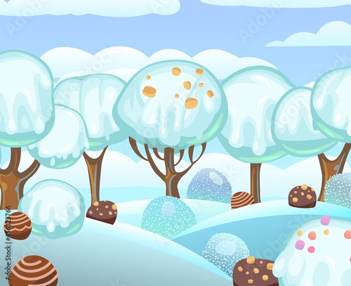 Landscape with ice cream on chocolate sticks. Childrens picture background. Cartoon style. Snow drifts. Cold winter dream land. Refreshing sweets and drips. Vector