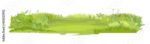 Dense summer meadow. Smooth playground. Herbal green thickets. Grass area. Playground. A place. Beautiful and graceful landscape. Isolated on white background. Flat style. Cartoon design. Vector