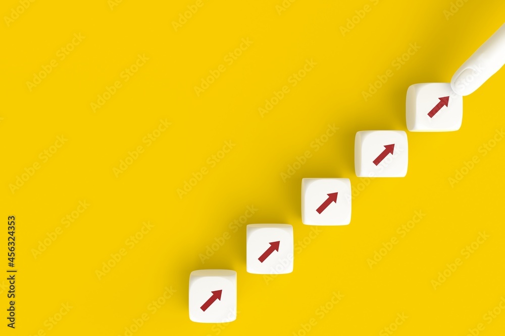 Business concept growth success process, Arranging cube stacking as step stair on yellow background, copy space. 3D rendering Business concept growth success process, Arranging cube stacking as step stair on yellow background, copy space. 3D rendering
