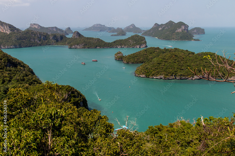 view from mountain over ocean, sea and islands of Mu Ko Ang Thong national park in thailand