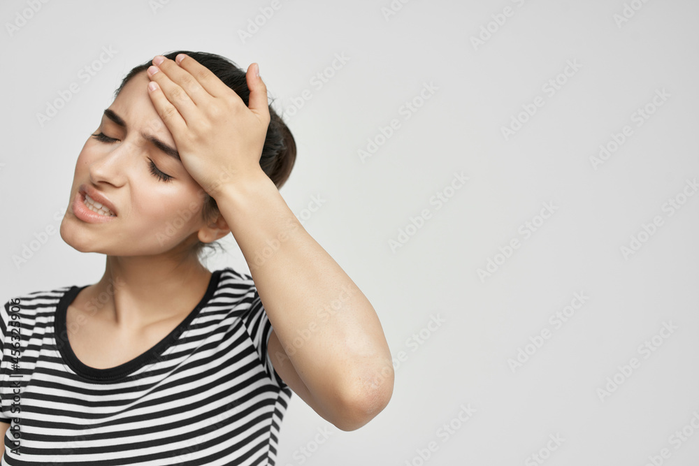 woman holding his head migraine depression isolated background woman holding his head migraine depression isolated background