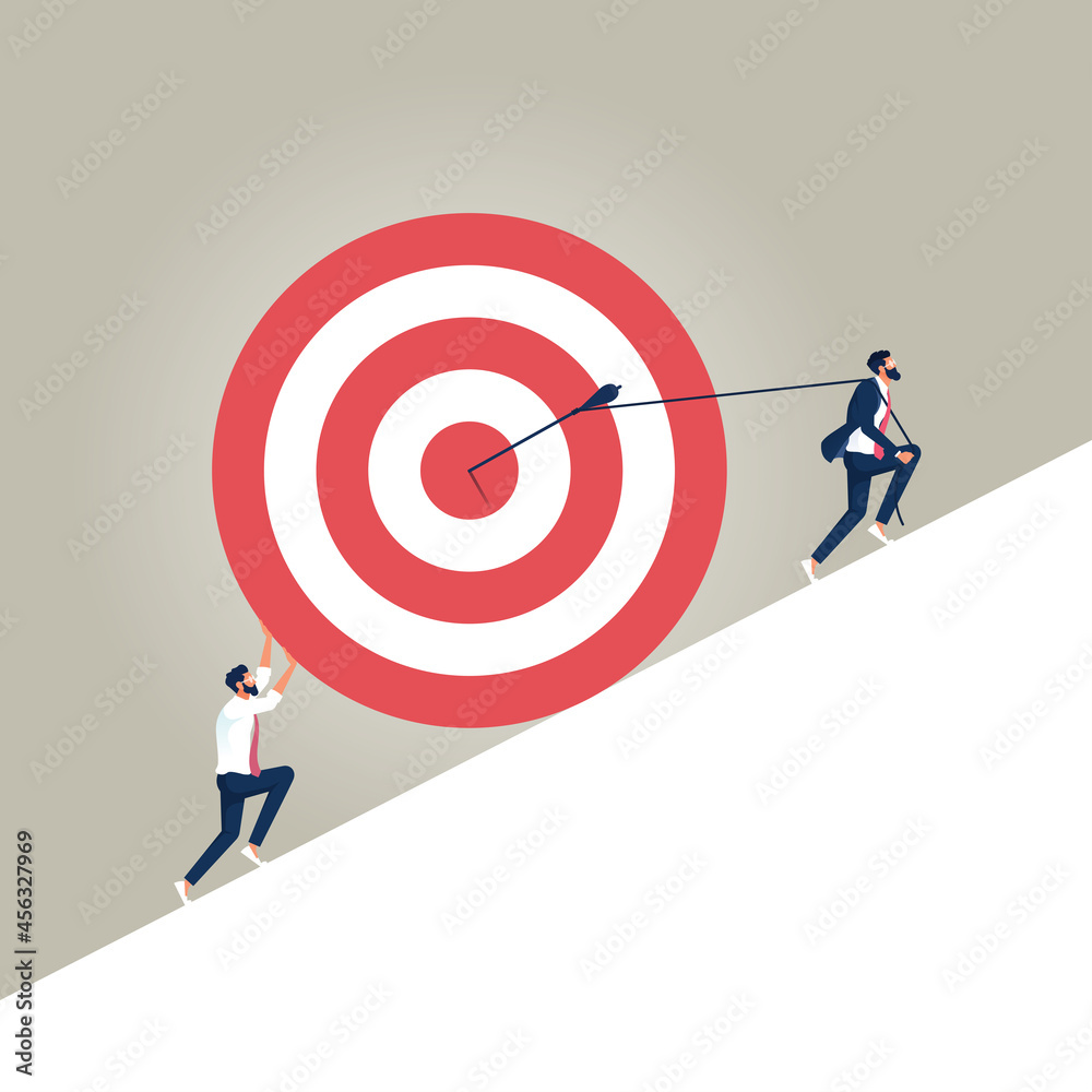 Group of businessmen pulling up target with arrow as symbol of success, hard work, solving the problem and high professional achievements Group of businessmen pulling up target with arrow as symbol of success, hard work, solving the problem and high professional achievements