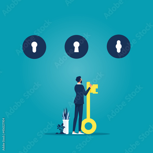 Businessman holds key in hand and deciding to choose key hole, business decision concept
