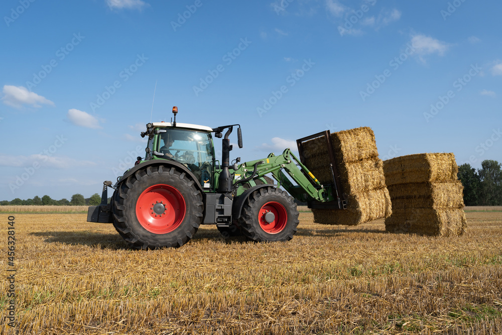 Obraz premium Strohernte - Traktor mit Frontlader beim Beladen eines Transportanhängers mit Strohballen.