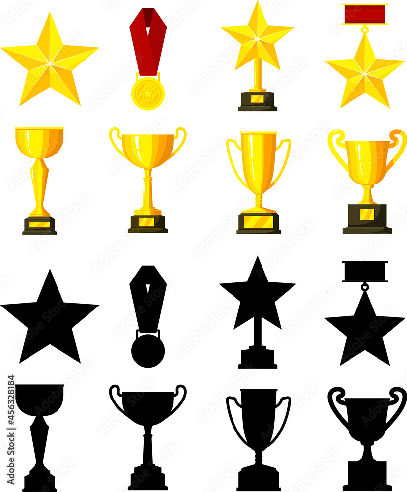 Collection of gold medals, cups and badges vector flat illustration. A set of trophies or awards for the winners is isolated on a white background. Silhouettes of cups. Collection of gold medals, cups and badges vector flat illustration. A set of trophies or awards for the winners is isolated on a white background. Silhouettes of cups.