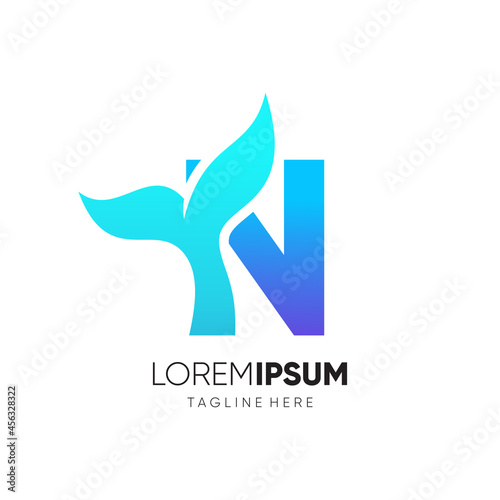Letter N Whale Tail Logo Design Vector Icon Graphic Emblem Illustration