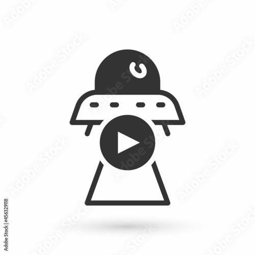 Grey Science fiction icon isolated on white background. Sci fi movies, popular futuristic fantasy films. Cinema category. Flying saucer, UFO. Vector