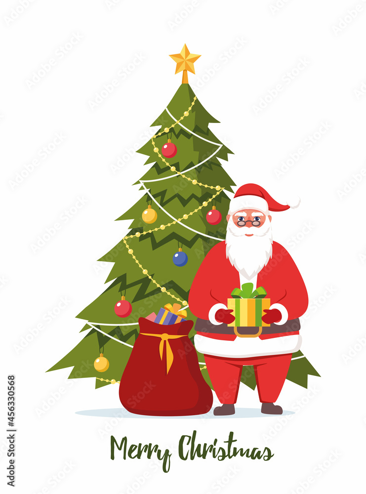 Fototapeta premium Cute Santa Claus character with gift in his hands and decorated christmas tree behind him. Santa smiling and show gift box. Merry Christmas and Happy New Year card, banner. Vector illustration.