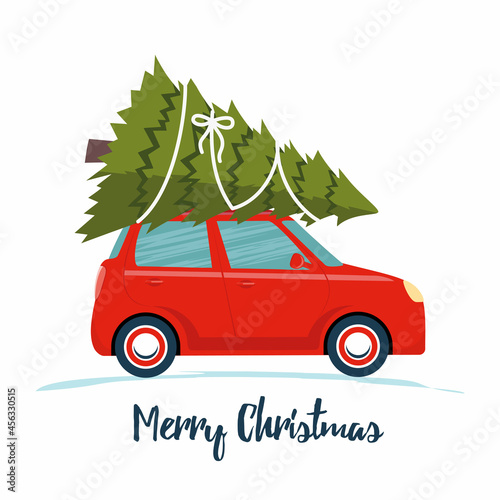 Cute red retro car with christmas tree on the roof. Merry christmas and happy new year greeting card, postcard, poster, banner, invitation design. Merry Christmas. Happy New Year. Vector illustration.