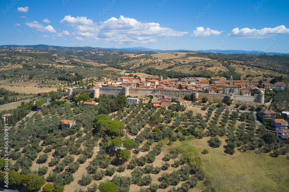 close-up aerial view of the medieval town of Magliano in Tuscany