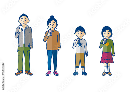 スマホを操作する家族の全身イラスト