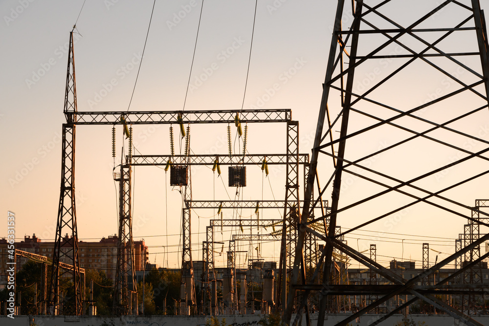 High-voltage power lines. Electrical pylon