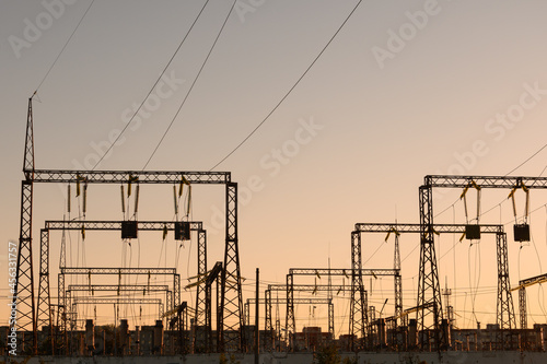 High-voltage power lines. Electrical pylon