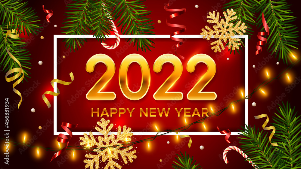 New Years and Christmas red background with golden numbers 2022, realistic pine branches, candy, glitter gold snowflakes and tinsel. New Years and Christmas holiday event party decor