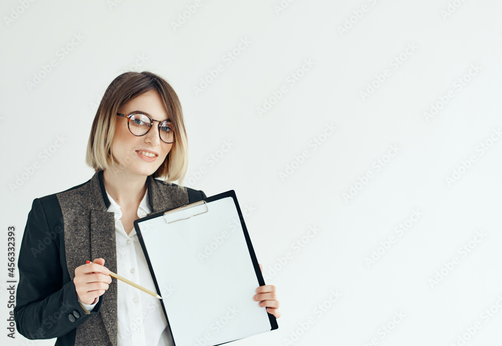 Business woman wearing glasses documents work advertisement Business woman wearing glasses documents work advertisement