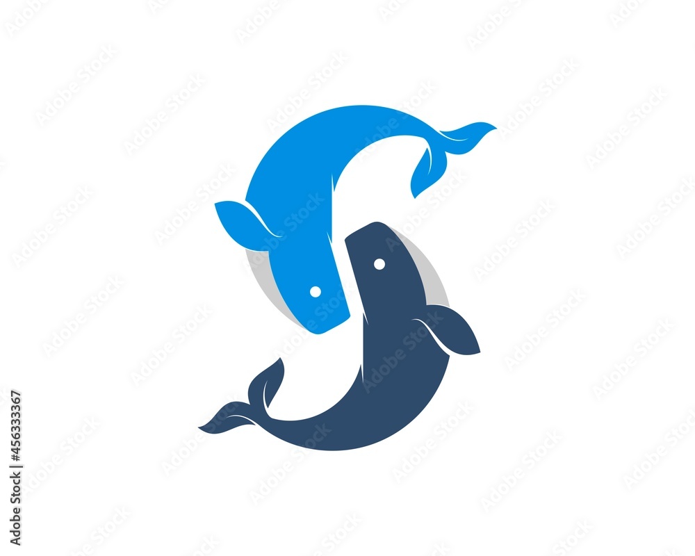 Two jumping whale with S letter initial inside Two jumping whale with S letter initial inside