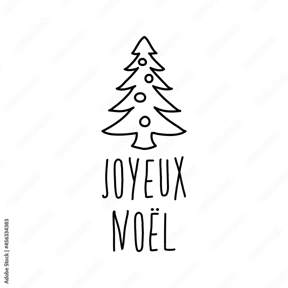 Banner con frase JOYEUX NOEL en francés manuscrito con silueta de árbol de navidad con bolas en color negro