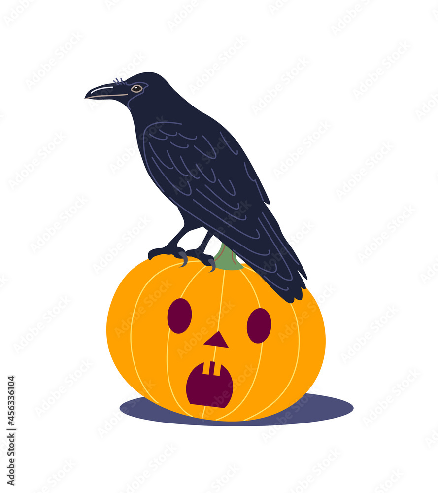 Fototapeta premium Black Crow Sitting on Halloween Pumpkin