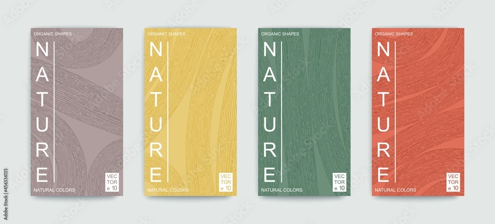 Set of covers with pattern of organic lines and shapes. Natural texture of vegetative lines. Minimalistic trendy style. Vector templates