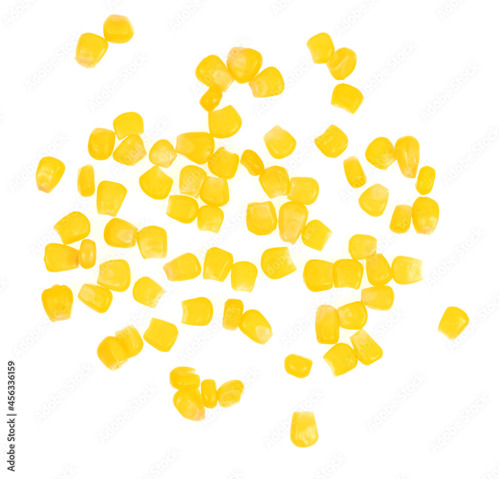 Sweet yellow corn seeds isolated on white background. Raw fresh corn texture close up. macro Sweet yellow corn seeds isolated on white background. Raw fresh corn texture close up. macro