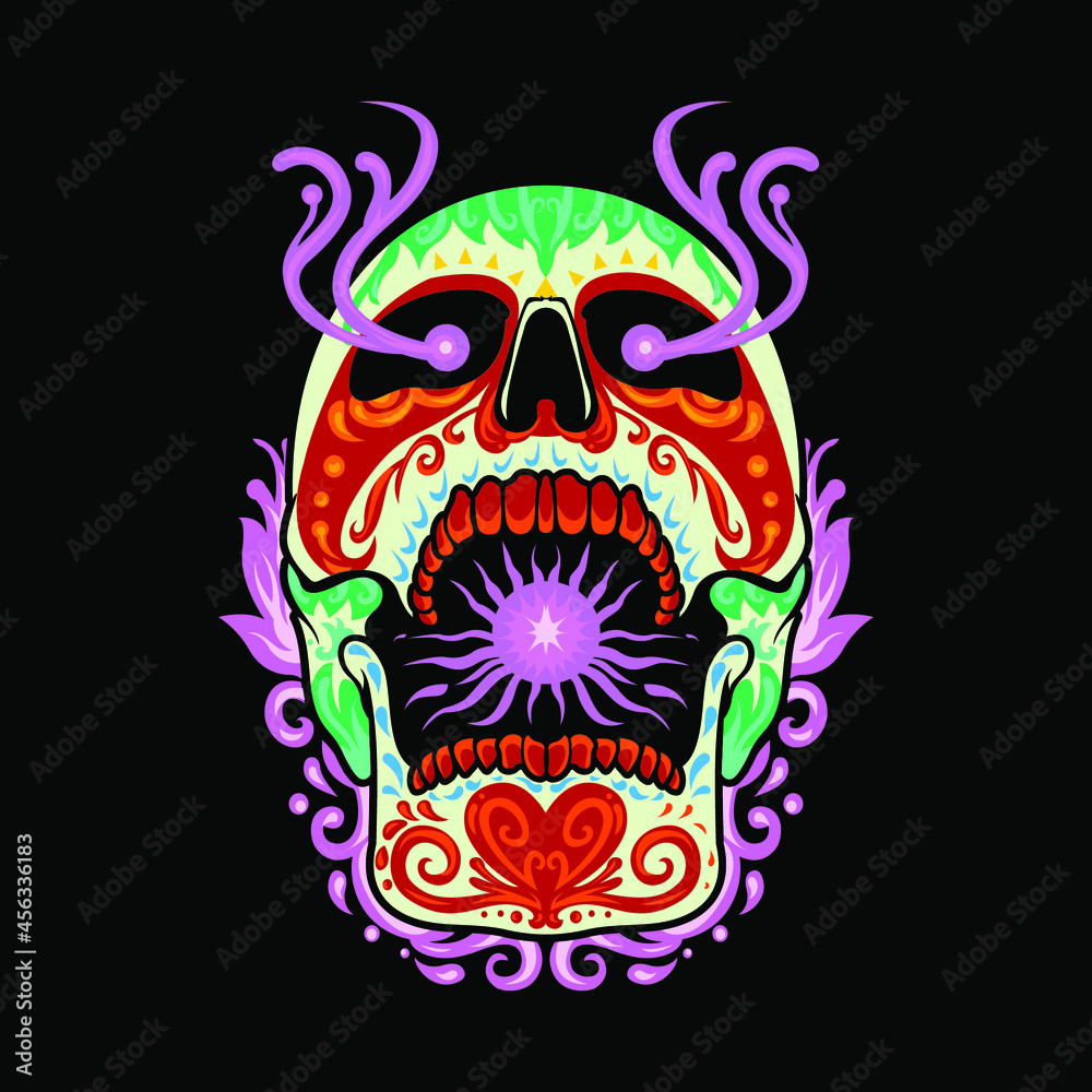 Obraz premium Colorful mexican skull vector illustration for apparel, poster, tattoo, skate deck, sticker. Isolated on black background. Vector eps 10