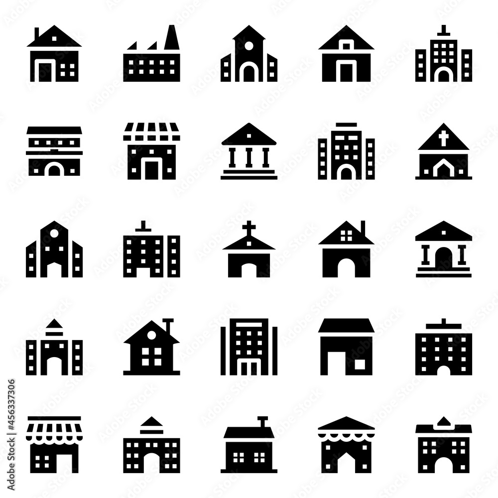 Fototapeta premium Glyph icons for buildings.