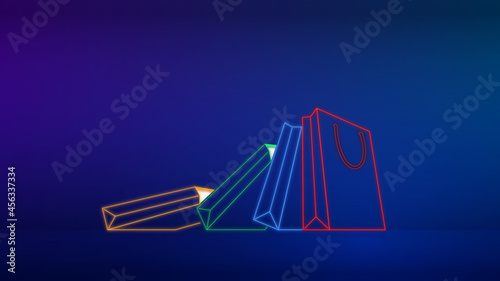 Neon colorful paper shopping bags with domino effect on pastel background.	