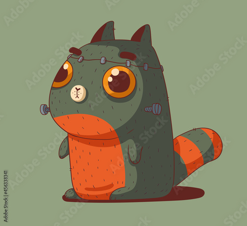 Cute ginger cat dressed as Frankenstein monster for Halloween costume party