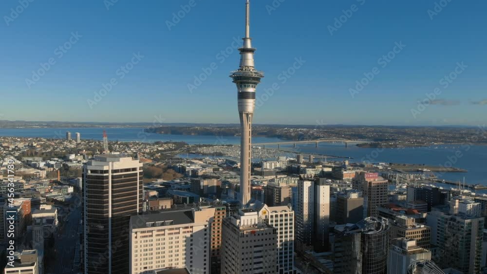 Aerial: Auckland city and sky tower, New Zealand
