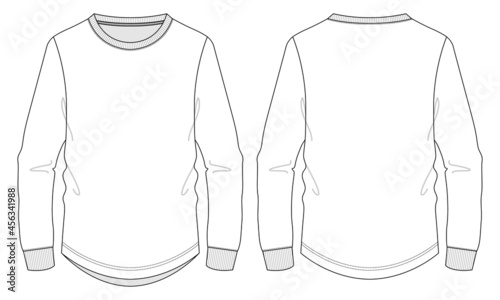 Long sleeve with round style bottom basic t shirt technical fashion flat sketch vector template. Cotton jersey apparel design mockup front, back views isolated on white background. Men unisex cad.