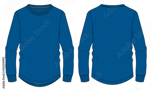 Long sleeve with round style bottom  basic t shirt technical fashion flat sketch vector template. Cotton jersey apparel design blue color mock up front, back views isolated on white background. 