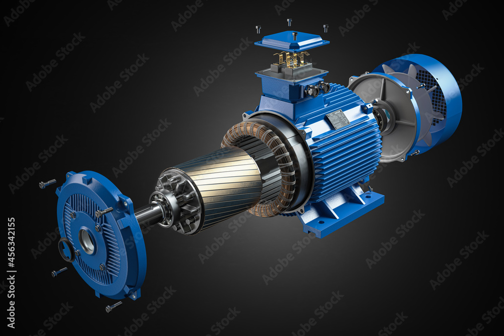 Electric motor parts and structure  on black background. 3d illustration - obrazy, fototapety, plakaty 