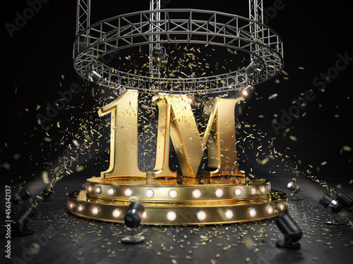 1M one million followers celebration. Number 1M on the stage with spotlight and confetti. 3d illustration  photo
