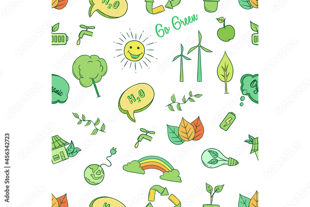 Fototapeta premium go green icons or elements seamless pattern with doodle style