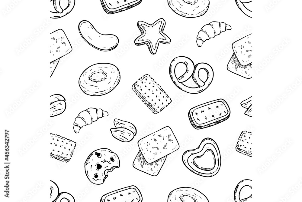 tasty cookies and biscuit in seamless pattern with hand draw style