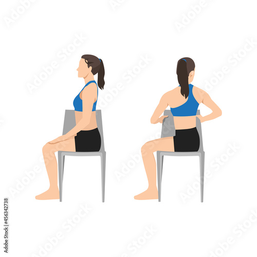 Woman doing Chair spinal twist. ardha matsyendrasana exercise. Flat vector illustration isolated on white background 