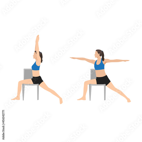 Woman doing Chair warrior II. Virabhadrasana exercise. Flat vector illustration isolated on white background 